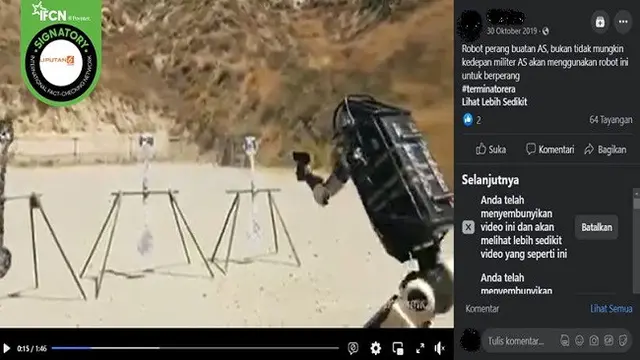 Gambar Tangkapan Layar Video yang Diklaim video Robot Buatan Militer Amerika Serikat dan Disiapkan untuk Berperang (sumber: Facebook).