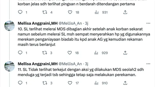 Utas Mellisa Anggraini berisi dugaan peran penting Shane Lukas dalam penganiayaan David Ozora. (Foto: Dok. Twitter @MellisA_An)