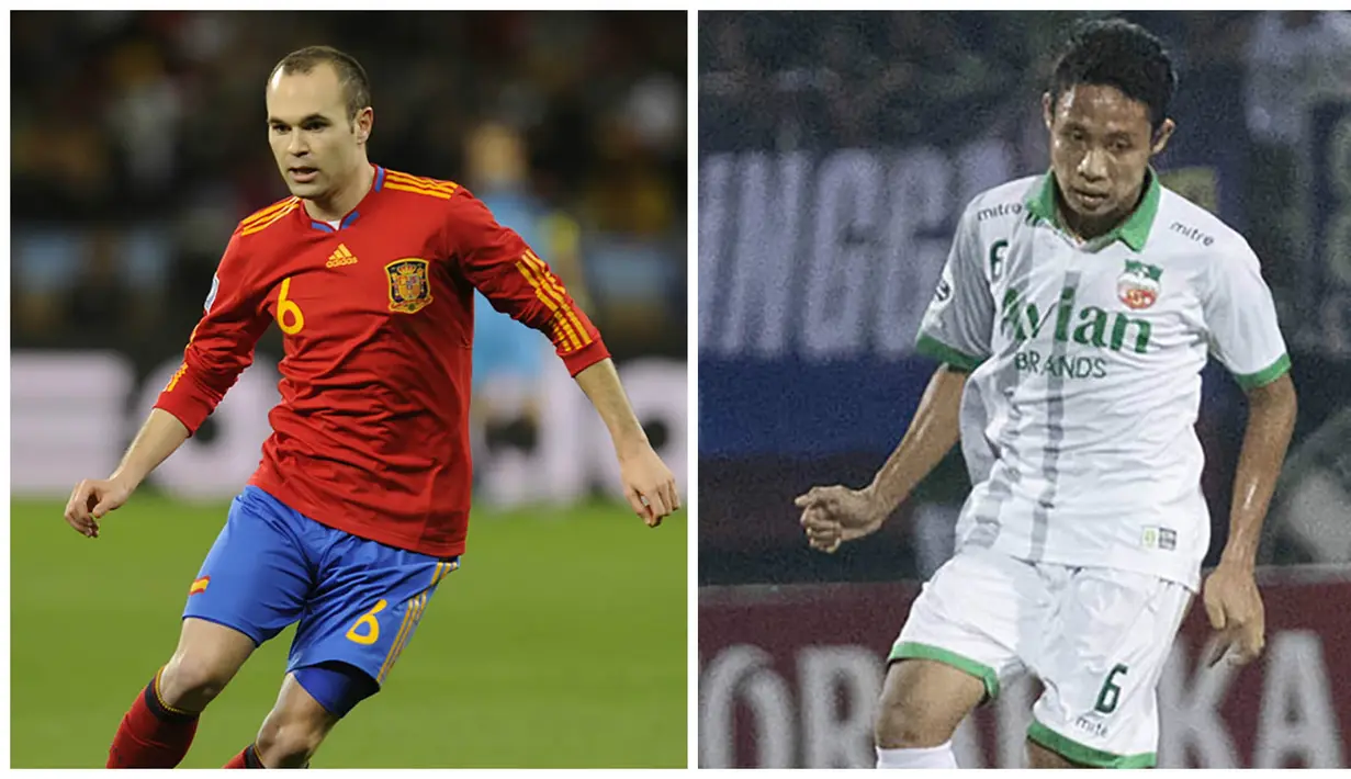 Gelandang Barcelona asal Spanyol, Andres Iniesta, memiliki kemiripan dengan bintang masa depan Indonesia yang kini sedang berlatih bersama Espanyol, Evan Dimas. (AFP-Bola.com)