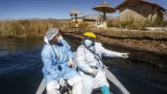 Petugas kesehatan diantar ke pulau Uros untuk menyuntik warga dengan vaksin COVID-19 Sinopharm, di danau Titicaca di Puno, Peru, pada 7 Juli 2021. Peru memulai vaksinasi COVID-19 untuk ratusan penduduk asli yang tinggal di pulau terapung Uros, di Danau Titicaca. (Carlos MAMANI / AFP)