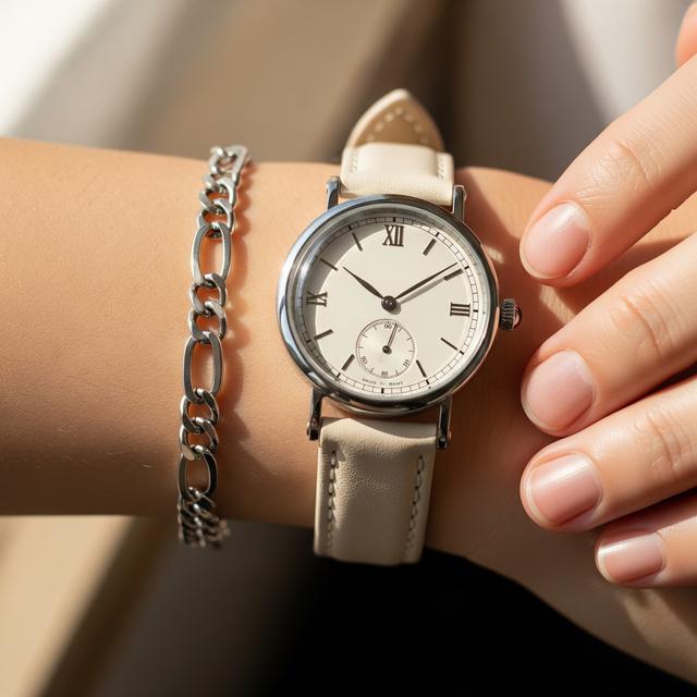 8. Gelang Rantai Tipe Figaro dengan Jam Tangan Kulit Krem