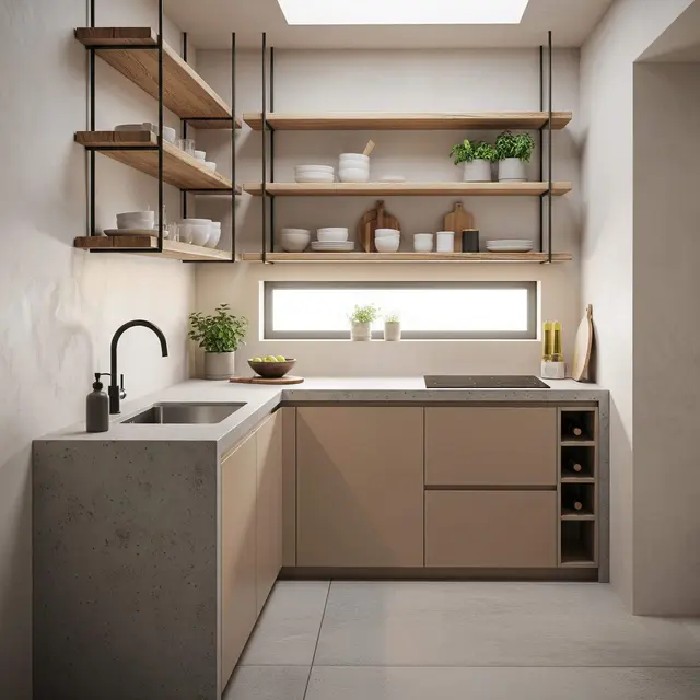 Desain Dapur Rumah Mungil Tema Earth Tone Hemat Ruang
