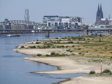Suasana Sungai Rhine dengan air yang rendah di Cologne, Jerman, Rabu (10/8/2022). Ketinggian air yang rendah mengancam industri Jerman karena semakin banyak kapal yang tidak dapat melintasi jalur air utama. Kekeringan yang parah akan memburuk di Eropa pada bulan Agustus karena musim panas yang panas dan kering terus berlanjut. (AP Photo/Martin Meissner)