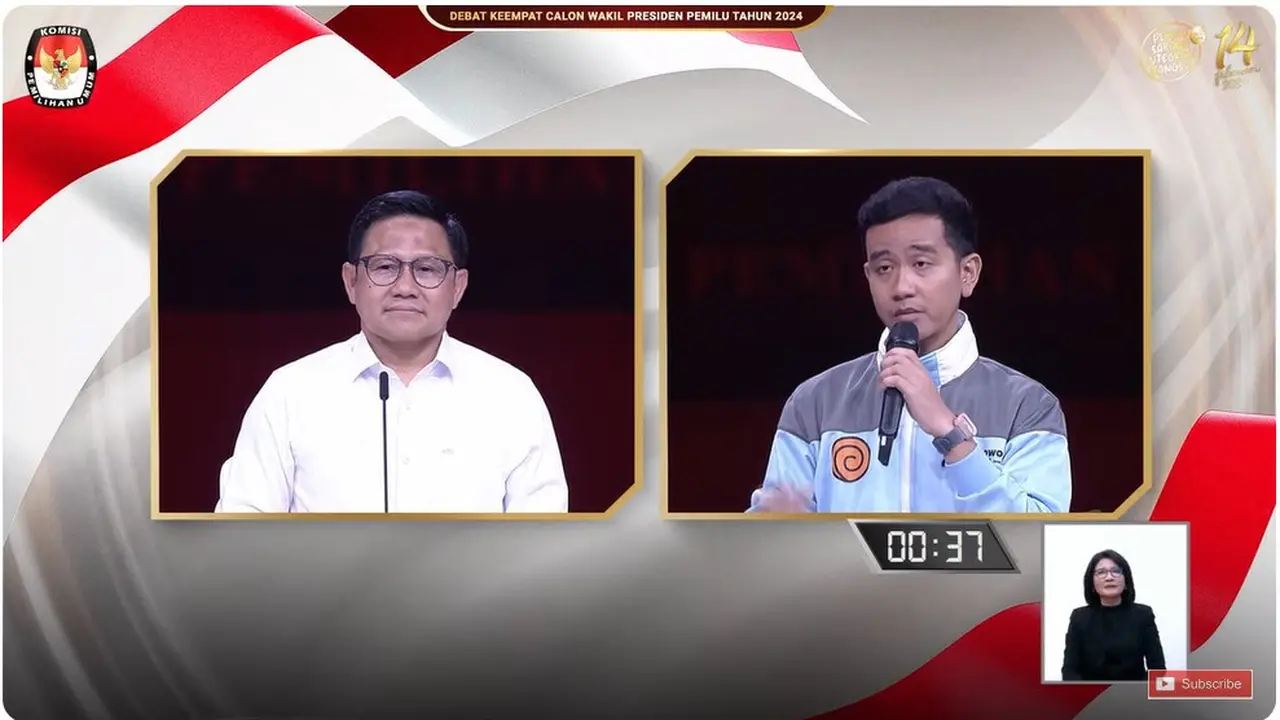 Calon Wakil Presiden (Cawapres) nomor urut 01 Muhaimin Iskandar, dan Cawapres nomor urut 02 Gibran Rakabuming Raka saat debat cawapres Pilpres 2024 yang digelar di JCC Senayan, Jakarta, Minggu (21/1/2024).