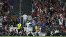 Pemain Portugal, Cristiano Ronaldo melakukan selebrasi setelah mencetak gol ke-900 dalam kariernya sebagai pesepak bola pada laga Kualifikasi Piala Dunia 2026 melawan Kroasia di Luz Stadium, Lisbon, Portugal, Jumat (06/09/2024) dini hari WIB. (AP Photo/Armando Franca)