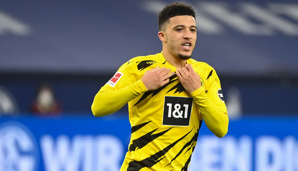 Jadon Sancho yang kini tengah menjalani musim ketiga bersama Manchester United tercatat pernah bermain di Bundesliga Liga Jerman bersama Borussia Dortmund selama 4 musim mulai 2017/2018 hingga 2020/2021. Ia total bermain dalam 104 laga di Bundesliga dengan torehan 38 gol dan 51 assist. Dari jumlah gol tersebut, satu hattrick berhasil dicetaknya pada pekan ke-29 musim 2019/2020 saat Borussia Dortmund menang 6-1 atas SC Paderborn. (AFP/Pool/Ina Fassbender)