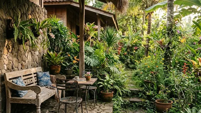 Teras Hijau dengan Elemen Batu Alam