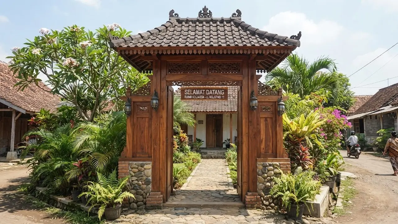 Model gapura rumah sederhana dengan sentuhan kayu yang elegan sehingga bikin hunian biasa jadi megah