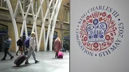 Spanduk perayaan penobatan Raja Charles III dipajang di Stasiun Kings Cross di London, Senin, 1 Mei 2023. Penobatan Raja Charles III akan berlangsung di Westminster Abbey pada 6 Mei. (AP Photo/Kirsty Wigglesworth)