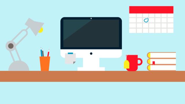 Ilustrasi komputer, file, monitor, buku, meja kerja