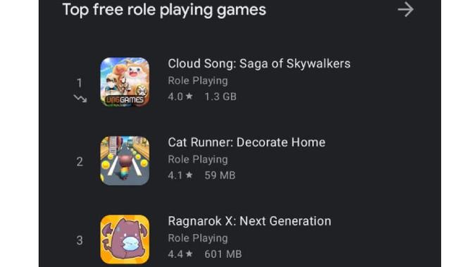 Cloud Song: Saga of Skywalker Jadi RPG Gratis Nomor 1 di Play Store. Dok: tangkapan layar play.google.com