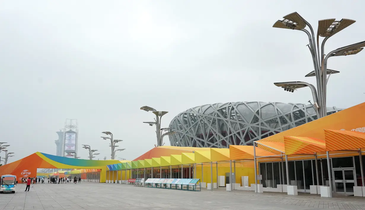 Foto pada 17 Agustus 2020 memperlihatkan lokasi outdoor sementara Pameran Perdagangan Jasa Internasional China (China International Fair for Trade in Services) di Beijing. Lokasi dan fasilitas outdoor sementara untuk pameran tersebut selesai dibangun pada Senin (17/8). (Xinhua/Zhang Chenlin)
