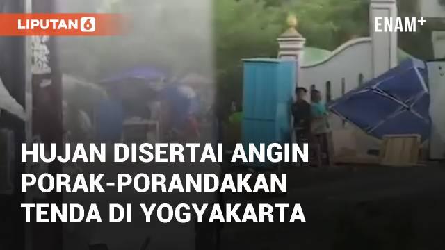 Hujan disertai angin memporak-porandakan tenda pedagang. Peristiwa terjadi pada Senin, 14/10/2024 sekitar pukul 14.25 WIB