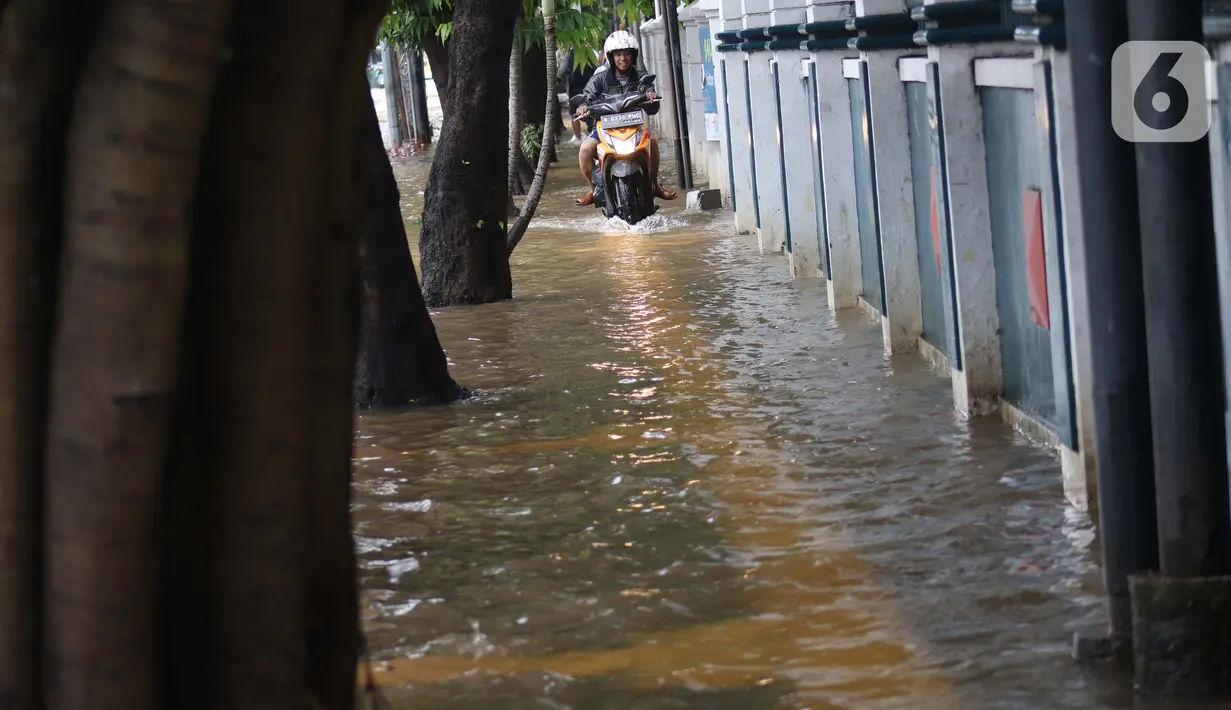 Pengendara nekat menerobos genangan banjir di Jalan dr Sutomo, Pasar Baru, Jakarta, Selasa (25/2/2020). Hujan yang mengguyur Jakarta sejak Senin (24/2) malam membuat sejumlah kali meluap dan menyebabkan banjir. (Liputan6.com/Helmi Fithriansyah)