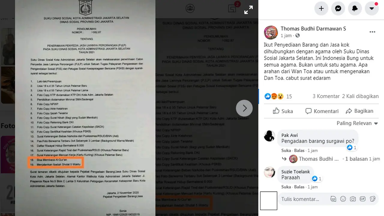 Hoaks Surat Penerimaan Calon Pegawai Suku Dinas Sosial Jakarta Selatan
