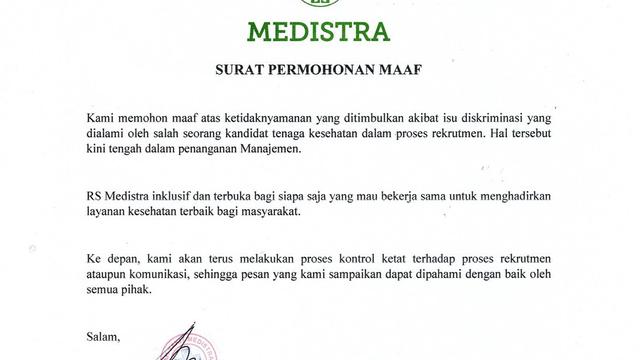 Rumah Sakit Medistra Minta Maaf Usai Viral Gegara Tanya Kesediaan Calon Pegawai untuk Lepas Hijab