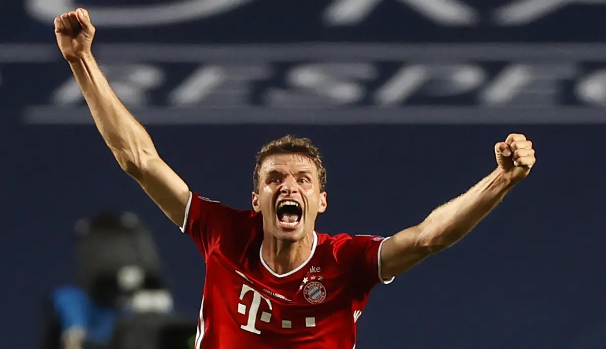 3. Thomas Muller - Pemain asal Jerman ini tampil kreatif dalam merusak pertahanan setiap lawan Bayern Munchen di kompetisi Liga Champions musim ini. Muller menyumbangkan empat gol dan dua assist dari 10 laganya bersama Bayern Munchen di Liga Champions 2019/2020. (AFP/Matthew Childs/pool
