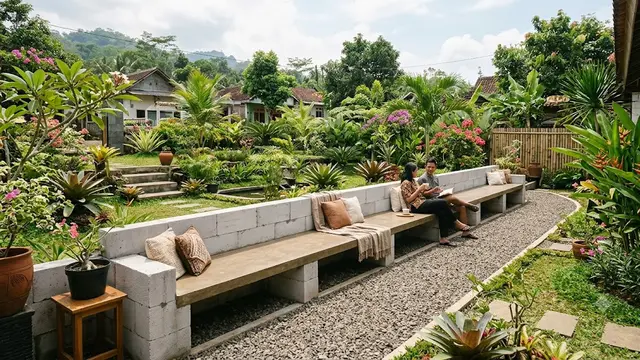 Bangku dari Bata Ringan yang Menyatu dengan Taman dengan Konsep Outdoor Living Modern Model Bangku Memanjang Menghadap Hamparan Taman