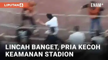 Aksi nekat dan nyeleneh dipertontonkan seorang pria di stadion. Hendak menerobos masuk ke lapangan, ia mengecoh petugas keamanan. Aksinya yang lincah buat suporter di tribun bersorak.