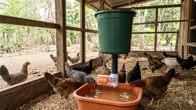 Kandang Ayam dengan Sistem Minum Otomatis (Foto: Gemini AI)