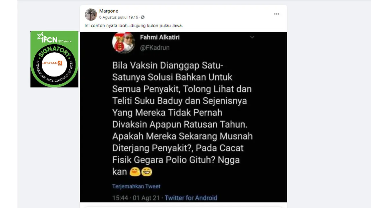 Cek Fakta Liputan6.com menelusuri klaim Suku Baduy tidak divaksin