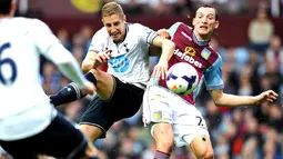 Michael Dawson duel dengan Libor Kozak pada pertandingan Liga Premier Inggris antara Aston Villa vs Tottenham Hotspur di Villa Park, Birmingham (20/10/2013). (AFP/Paul Ellis).