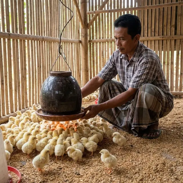 Kandang ayam dengan pemanas keramik yang memancarkan panas tanpa menghasilkan cahaya sama sekali (Gemini AI)