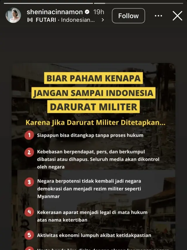 Shenina Cinnamon berikan pandangan situasi saat ini melalui media sosial. [@sheninacinamon]