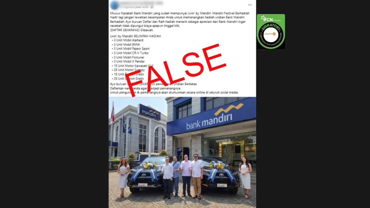 Cek Fakta Liputan6.com mendapati klaim link pendaftaran undian berhadiah Bank Mandiri.