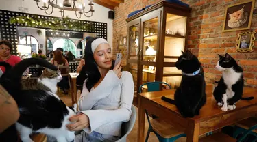 Seorang wanita memotret kucing-kucing di kedai kopi La Gatoria Cat Cafe di Medellin, Kolombia, pada tanggal 16 April 2024. (JAIME SALDARRIAGA/AFP)