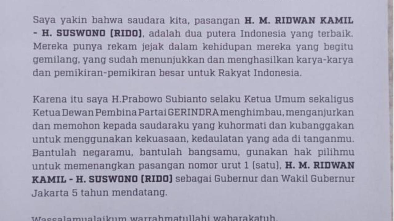 Surat Prabowo Ajak Warga Jakarta Pilih Ridwan Kamil-Suswono