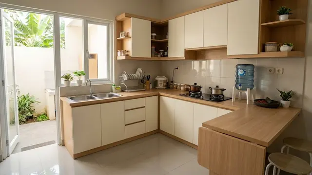 Dapur Bentuk L dengan Meja Ekstensi