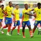 Jefferson Lerma dari Kolombia merayakan bersama rekan satu timnya setelah mencetak gol kedua tim pada pertandingan Grup D CONMEBOL Copa America 2024 antara Kolombia dan Paraguay di Stadion NRG pada 24 Juni 2024 di Houston, Texas. Hector Vivas/Getty Images/AFP