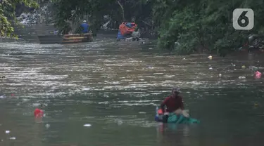 Debit air kali Ciliwung berkurang dimanfaatkan warga untuk mencari barang bekas botol plastik di Jakarta, Jumat (11/8/2023).  Hal ini dikarena debit bendungan Katulampa berkurang. Selain itu Tinggi Muka AIr (TMA di Katulampa masih berada 0 centimeter sejak awal Juni 2023. (merdeka.com/Imam Buhori)