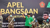 Ketua Umum Pimpinan Pusat GP Ansor Yaqut Cholil Qoumas saat memberikan orasi pada Apel Kebangsaan Banser secara virtual di Rembang, Jawa Tengah, Minggu (29/11/2020). (Ist)