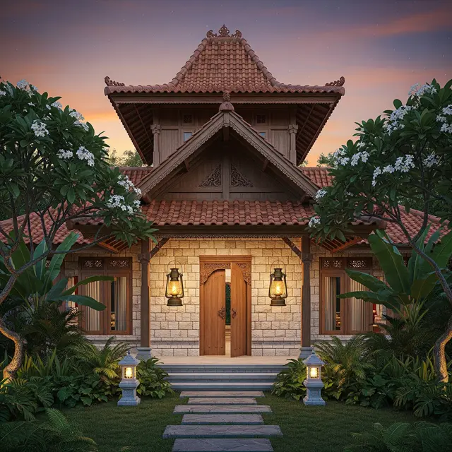Desain Rumah Desa dengan Lampu Temaram Estetik