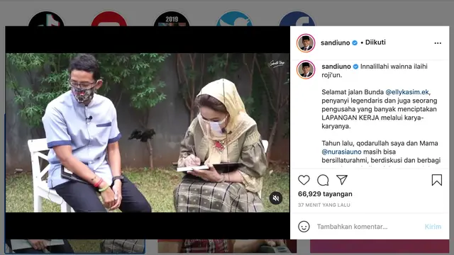Unggahan Sandiaga Uno soal Elly Kasim meninggal Dunia. (Foto: Instagram @sandiuno)