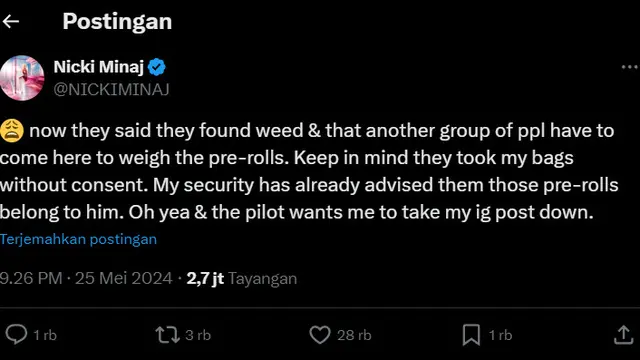 Nicki Minaj Ditangkap Polisi Belanda dan Dikenakan Denda karena Ketahuan Bawa Narkoba, Fans Marah Besar