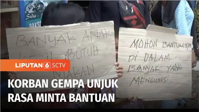 Hari kedua pasca gempa berkekuatan 5,6 magnitudo, sejumlah warga menggelar aksi protes, lantaran tak mendapat bantuan, padahal desa mereka juga terdampak gempa.