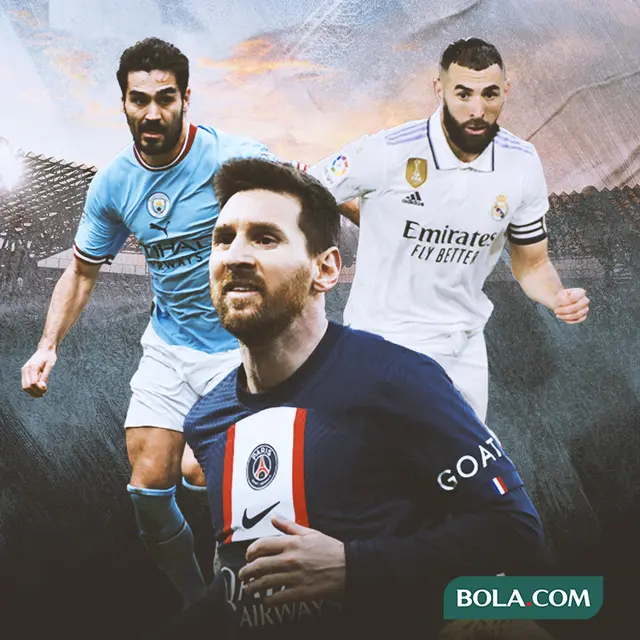 Ilustrasi - Lionel Messi, Kylian Mbappe, Ilkay Gundogan