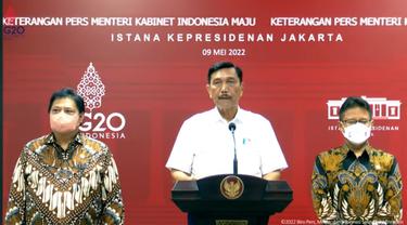 Menteri Koordinator Bidang Kemaritiman dan Investasi (Menko Marves) Luhut Binsar Pandjaitan dalam Keterangan Pers tentang PPKM Bersama Menteri Kabinet Indonesia Maju, di Kantor Presiden, Senin (9/5/2022).