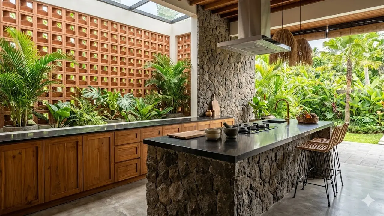 Desain Dapur Bergaya Tropis Modern Kombinasi Roster dan Batu Alam