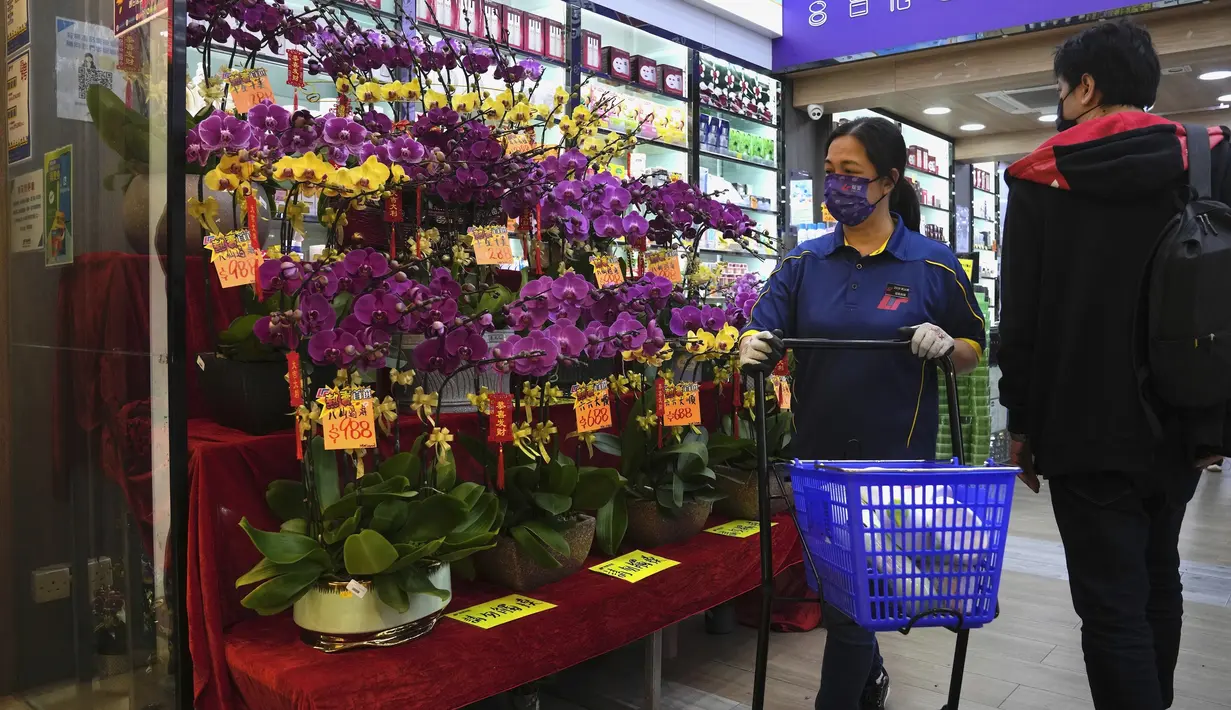 Pot anggrek untuk Tahun Baru Imlek dipajang untuk dijual di apotek untuk merayakan Tahun Baru Imlek di Hong Kong (14/1/2022). Penangguhan sementara penumpang transit berlaku pada 16 Januari 2022 - 15 Februari 2022. (AP Photo/Kin Cheung)