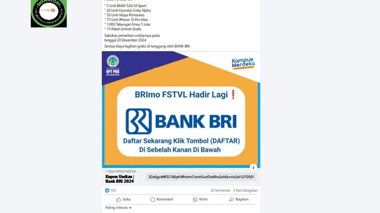 Tangkapan layar klaim link pendaftaran kupon undian BRI Festival berhadiah mobil BMW sampai umroh