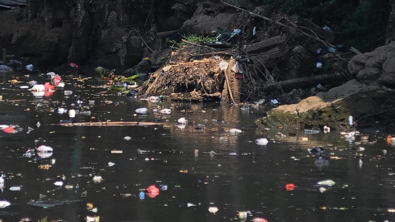 Terlihat kondisi aliran Sungai Ciliwung saat musim kemarau yang mengalami penurunan debit air di kawasan Manggarai Jakarta, Jumat (20/10/2023).