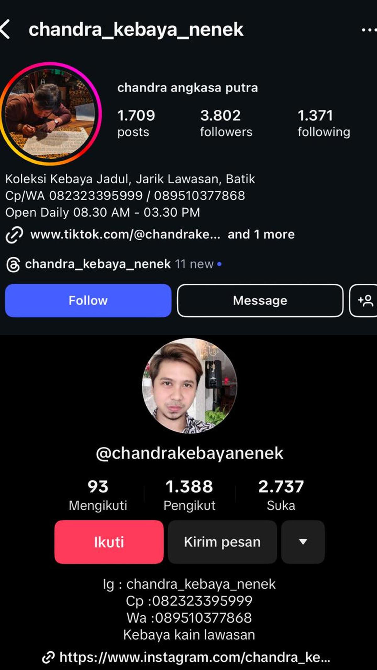 Akun Instagram dan TikTok Chandra Kebaya Nenek
