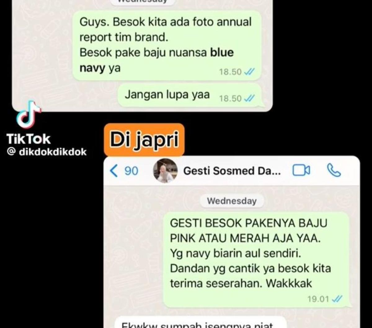 Di awal, salah satu rekan kerjanya menjebak kedua pasangan ini. Ia memberi tahu dresscode yang harus dipakai di grup. Namun, ia juga menghubungi lewat personal agar teman-teman lainnya memakai putih.