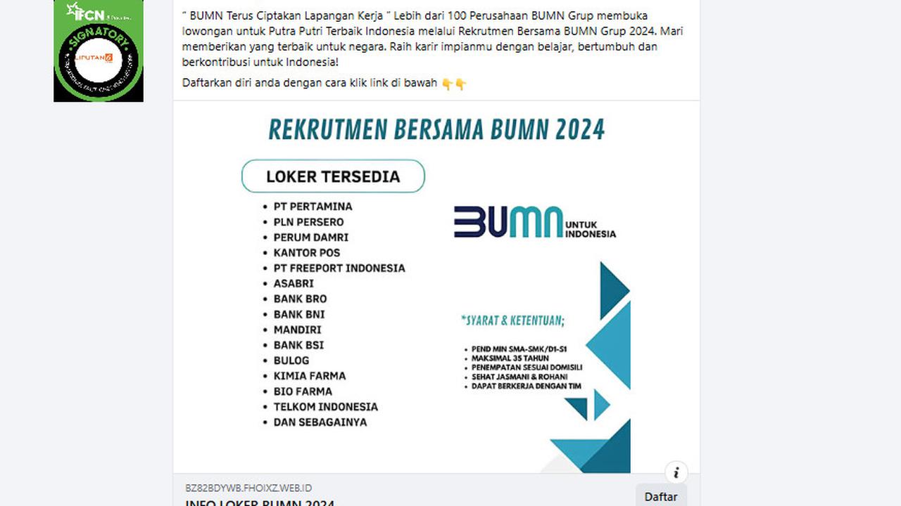 Tangkapan layar klaim link pendaftaran rekrutmen bersama 100 perusahaan BUMN