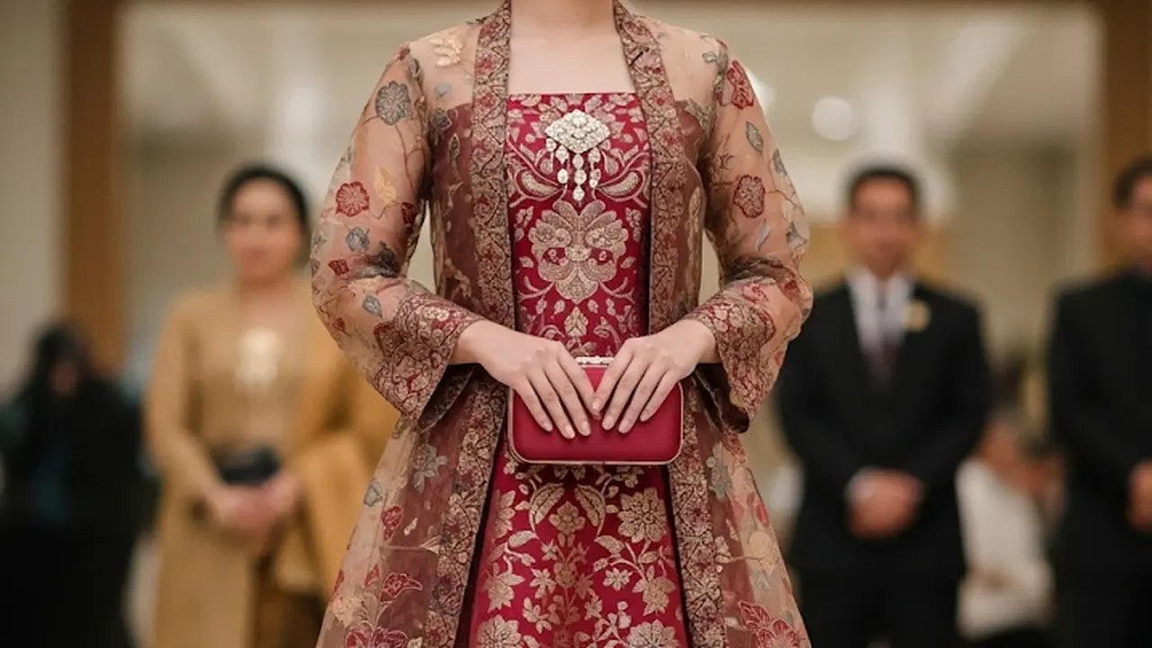 Model Long Dress Batik Brokat dengan Outer Transparan (Image by Gemini AI)