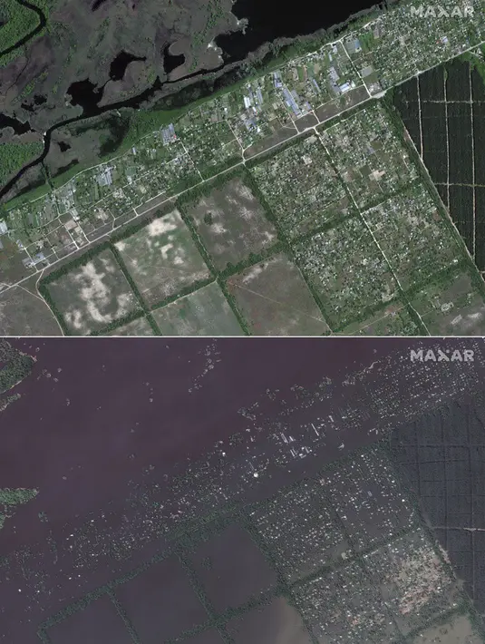<p>Kombinasi foto yang disediakan oleh Maxar Technologies ini menunjukkan kondisi wilayah Krinky, Ukraina, sebelum banjir pada 15 Mei 2023 (atas) dan setelah banjir pada 7 Juni 2023. (Satellite image &copy;2023 Maxar Technologies via AP)</p>